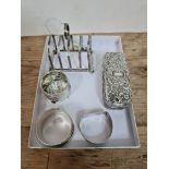 A collection of mixed silver items including toast rack, a silver topped cut glass box and 3