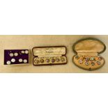 A gold plated and MOP cuff-links and studs set in original box, a silver cuff-links set and