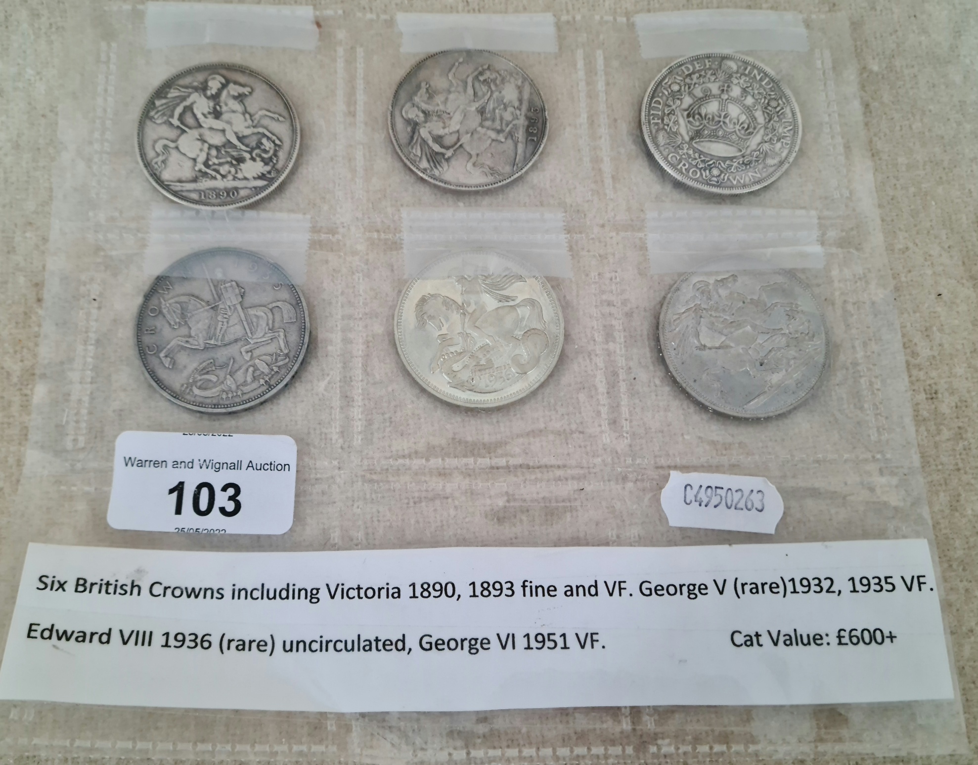 Six British crown coins including 1890f, 1893f, 1932vf rare, 1935vf, 1936 rare unc, and 1951vf