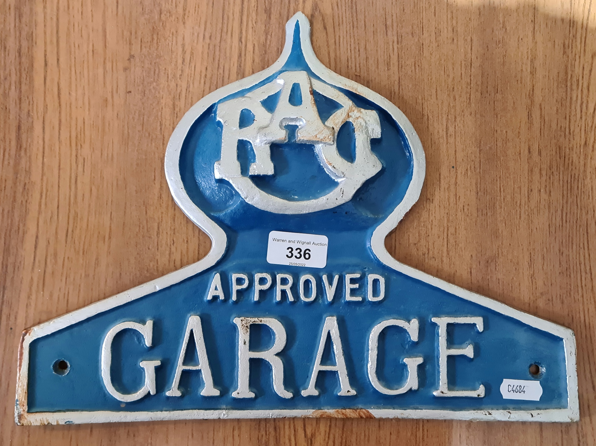 A cast aluminium RAC Approved Garage sign.