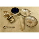 A lot of mixed silver items including 3 napkin rings, sugar claw tongs, a silver salt with spoon and