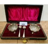 A boxed silver salts with spoons, hallmarked for 1957, Sheffield, Pinder Brothers, salts of