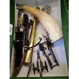 A box of mixed collectables including antique gun parts, French silver mounted harking horn, dagger,