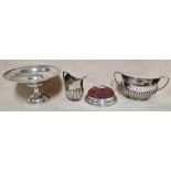 Hallmarked silver comprising a sugar and cream jug, a pedestal bon bon dish and a pin cushion, gross