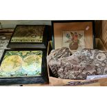 A box of collectables including carved wooden printing blocks, maps mounted on wooden plaques and