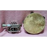 A vintage Boosey Besson & Co London silver plate cornet H75983 and tambourine