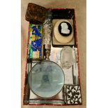 A box of collectables to include a magnifying glass, 2 brass and enamel Oriental boxes, a