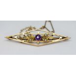 An antique amethyst and seed pearl brooch, marked '9ct', gross wt. 3.1g.