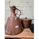 A copper jam pan with lid and a large copper jug