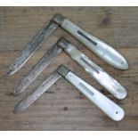 3 hallmarked silver and mother of pearl penknives. 1901, Birmingham, George Unite 1892, Sheffield,