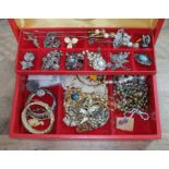 A Chinese jewellery box and contents including marcasite, white metal, etc.