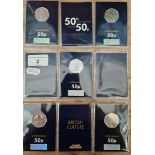 A collection of 50 pence pieces, 50th anniversary of the 50p including 2009 Kew Gardens.