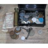 A money box with contents, various coins, keys, a small one drawer brass telescope, etc.