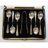 A cased set of hallmarked silver teaspoons and sugar tongs, wt. 108.1g.