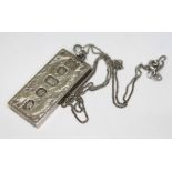 A hallmarked silver ingot on chain, wt. 31.9g.