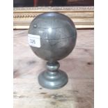 An antique Chinese pewter globe tea caddy box, cca 1915, Nguan Kwang Heng Swatow. The globe is in