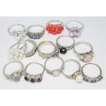 A group of 15 silver rings in various settings etc, gross weight 61 grams.