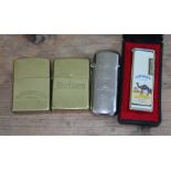 Four vintage cigarette lighters including Sunex Camel, Zippo, Marlboro etc