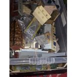 A box of model railway buildings and accessories, mostly Hornby plus a box of trees and scenery