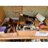Two boxes of miscellaneous items and collectables including brass compass, desk top calendar,
