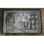 A mixed selection of silver plated items including Elkington jug, a posy vase in the Aesthetic