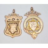 Two hallmarked 9ct gold fob medals, wt. 15.1g.
