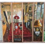 Simon Bishop (20th/21st Century), kitchen interior, four part oil on canvas, signed and dated 1987