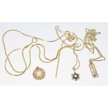 A mixed lot of 9ct gold jewellery comprising a McIntosh style pendant on chain, a cultured pearl