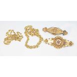 A mixed lot comprising two hallmarked 9ct gold brooches and two chains marked '375', gross wt. 8.0g,