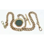 A graduated double Albert watch chain with hallmarked 9ct gold swivel fob set with bloodstone and