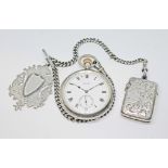 A Waltham open faced silver pocket watch, signed white enamel dial with outer minute track, Roman