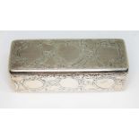 An early Victorian silver snuff box of rectangular form, bright cut engraved with scrolls, the