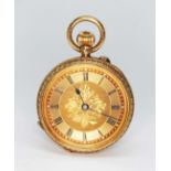 A late Victorian 18ct gold open faced pocket watch, engraved dial with Roman numerals and blued