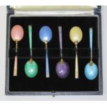 A cased set of six silver gilt and enamel tea spoons, Turner & Simpson, Birmingham 1966, length 8.