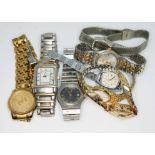 A group of ladies watches including a 9ct gold Craftsman Art Deco style watch, a gold plated