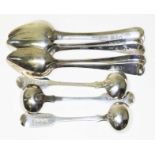 Assorted silver spoons comprising a set of six Georgian hallmarked silver teaspoons, a pair of