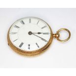 A Victorian 18ct gold open faced pocket watch, white enamel dial with Roman numerals and gilt hands,