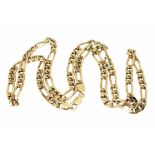 A 9ct gold flat link chain, marked '375' and also with 9ct gold import marks, length 76cm, wt. 63.