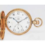 A Thomas Russell & Son 9ct gold full hunter pocket watch, signed white enamel dial with Arabic