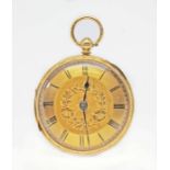 A 19th century 18ct gold open faced pocket watch circa 1870, engraved gold tone dial with Roman