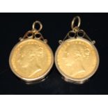 Two Victoria young head shield back sovereigns, dated 1857 & 1858, mounted in 9ct gold, gross wt.