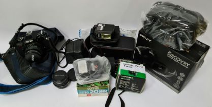 A vintage Ricoh KR-10 Super camera with Vivitar lense, in soft camera camy case, together with a