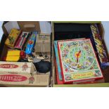 2 boxes of vintage games and toys to include tinplate car, a cast metal car, Dazlite illuminated