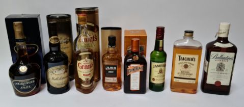 A selection of alcoholic beverages to include Glenturret, Grant's, Courvoisier, Teacher's, Jura,