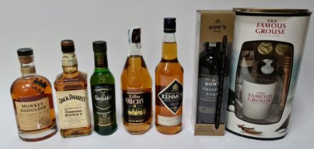 A selection of alcoholic beverages to include Jack Daniels, Glen Orchy, Glenfiddich, Monkey