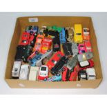 A box of assorted die-cast model vehicles.