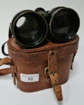 WW2 British RAF 6E / 338 binoculars for night use in a associated leather case.