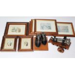 A mini cannon on stand, vintage Lancashire clogs on stand and a selection of pictures to include two