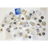 A box of assorted coins including a Victoria crown, half crowns, two shillings, world coins etc.