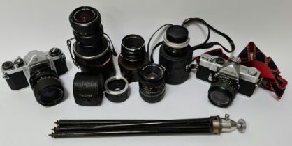 A Minolta SR-1s camera, a Pentax Asahi SV camera and accessories.